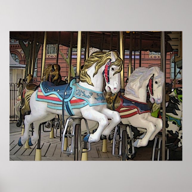Colourful Carousel Horses Photo Art Poster (Front)