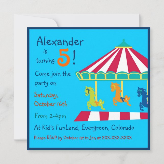 Colourful carousel kids birthday party invitations (Front)