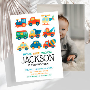 Colourful Cars Transportation Birthday Photo Invitation