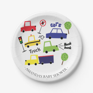 Colourful Cars & Trucks Boys Baby Shower 7" Plate