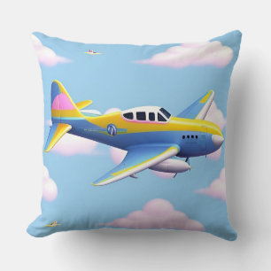 Colourful Cartoon Aeroplane Flying in Bright Sky Cushion