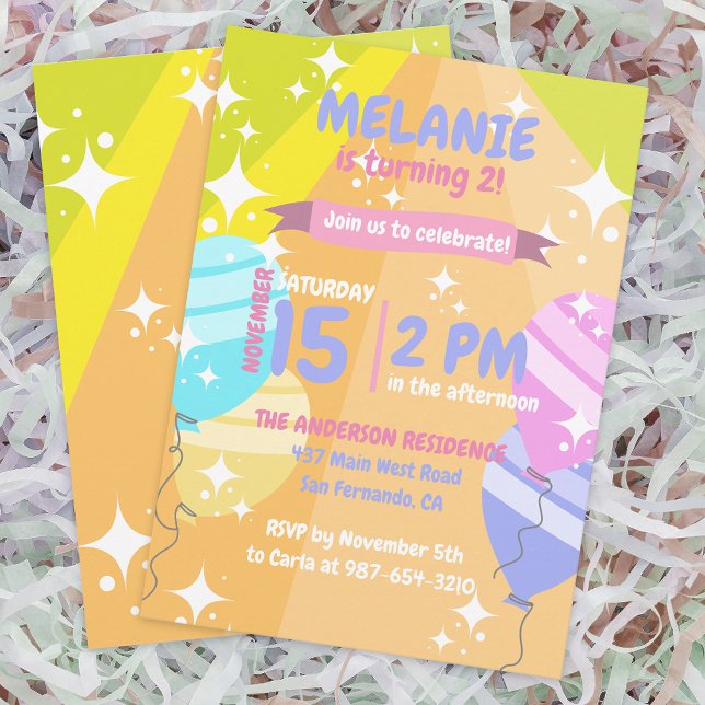 Colourful Cartoon Balloons Sparkles Birthday Party Invitation (Creator Uploaded)
