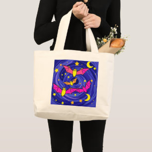 Colourful Cartoon Bat Cute Halloween Starry Night Large Tote Bag