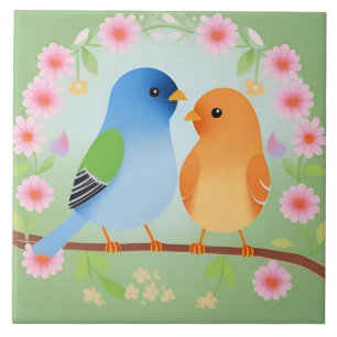Colourful Cartoon Birds On Branch Bird Lovers Ceramic Tile