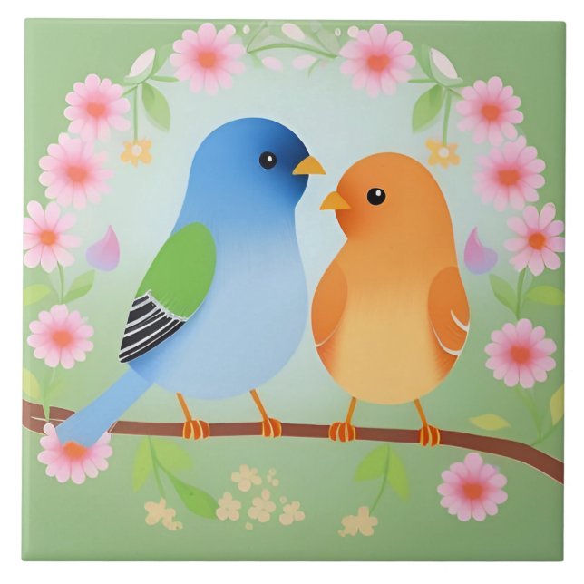 Colourful Cartoon Birds On Branch Bird Lovers Ceramic Tile (Front)