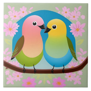 Colourful Cartoon Birds Perched on a Branch Ceramic Tile