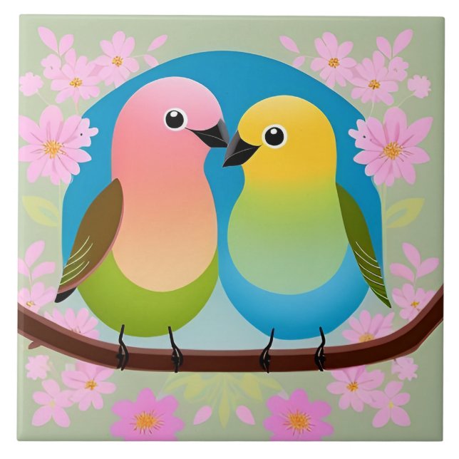 Colourful Cartoon Birds Perched on a Branch Ceramic Tile (Front)