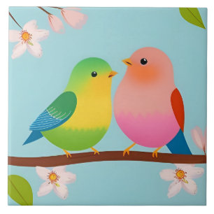 Colourful Cartoon Birds Perched on a Branch Ceramic Tile
