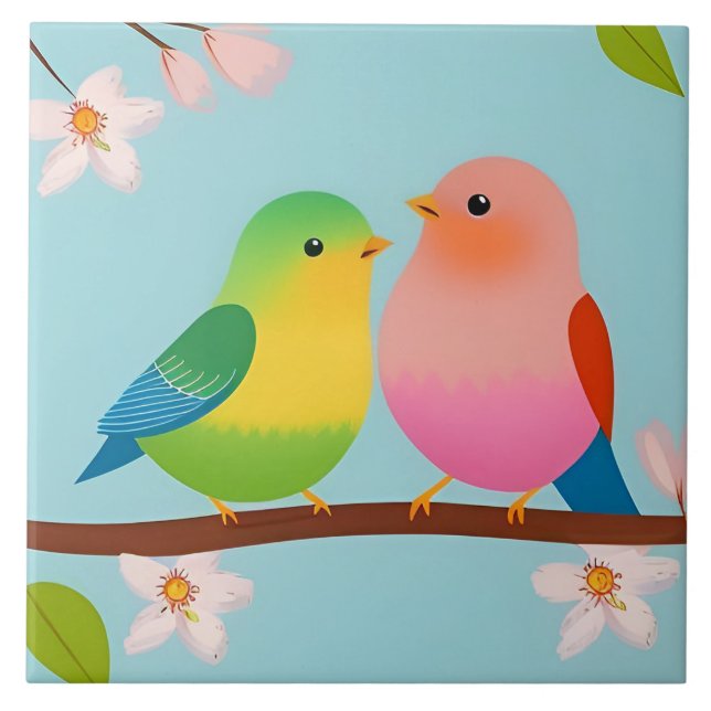 Colourful Cartoon Birds Perched on a Branch Ceramic Tile (Front)