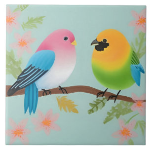 Colourful Cartoon Birds Perched on a Branch Ceramic Tile