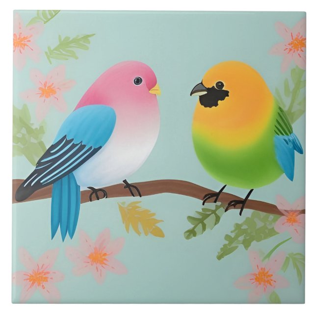 Colourful Cartoon Birds Perched on a Branch Ceramic Tile (Front)