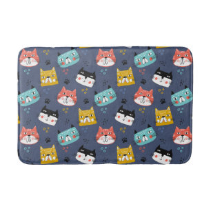 Colourful Cartoon Cat Faces on Blue Bath Mat