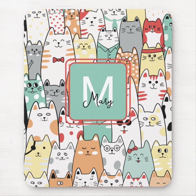 Colourful Cartoon Cat Kitty Name Monogram Mouse Pa Mouse Pad (Front)
