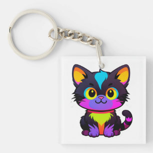 Colourful Cartoon Cat With Neon Colours Key Ring