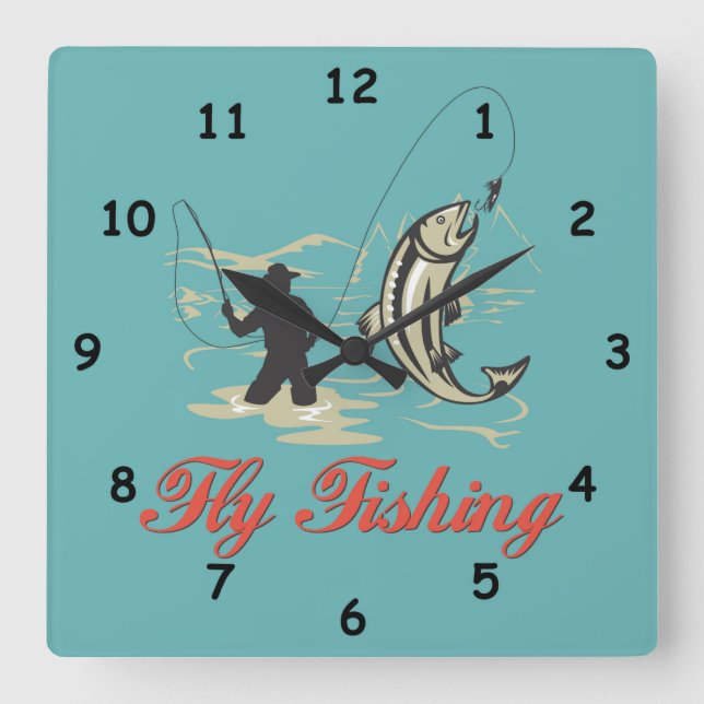 Colourful Cartoon Catching a Fish, Fly Fishing Square Wall Clock (Front)
