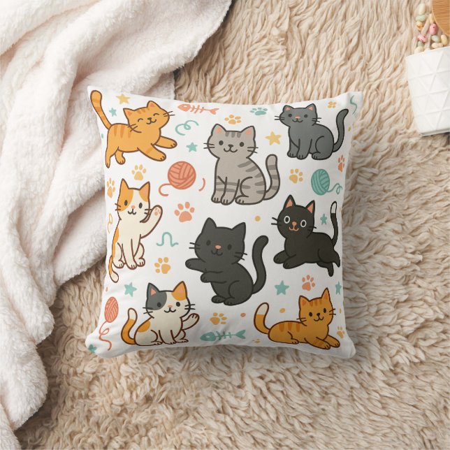 Colourful Cartoon Cats Pillow – Playful Pattern  (Blanket)
