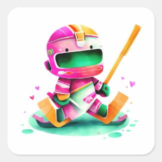 Colourful Cartoon Character Skating with Hockey Square Sticker