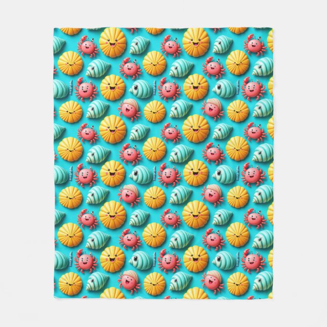 Colourful Cartoon Crabs, Seashells Fleece Blanket (Front)