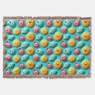 Colourful Cartoon Crabs, Seashells Throw Blanket
