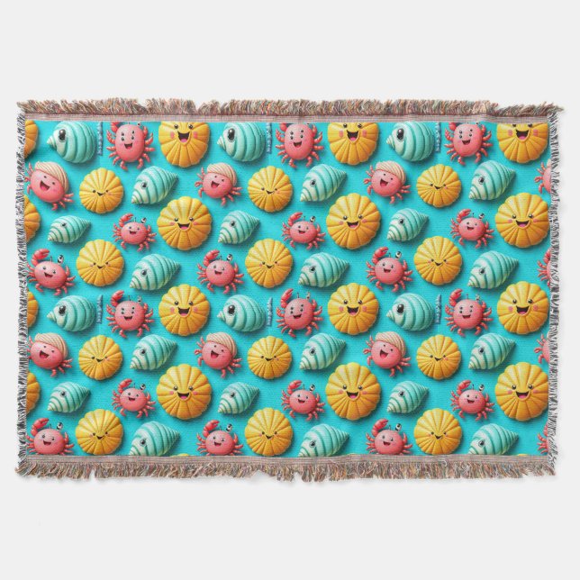 Colourful Cartoon Crabs, Seashells Throw Blanket (Front)