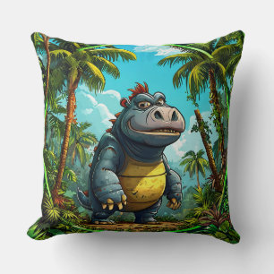 Colourful Cartoon Dinosaur in Tropical Jungle Cushion
