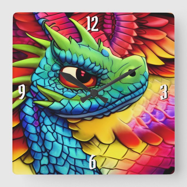 Colourful Cartoon Dragon Profile Square Wall Clock (Front)