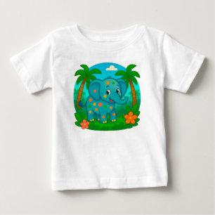 Colourful Cartoon Elephant in Tropical Landscape Baby T-Shirt