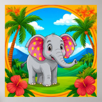 Colourful Cartoon Elephant in Tropical Landscape