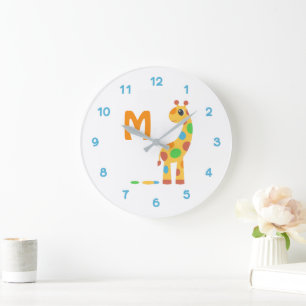 Colourful Cartoon Giraffe and Butterfly Monogram Large Clock