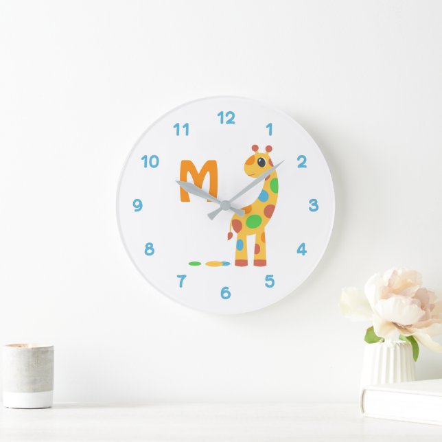 Colourful Cartoon Giraffe and Butterfly Monogram Large Clock (Home)