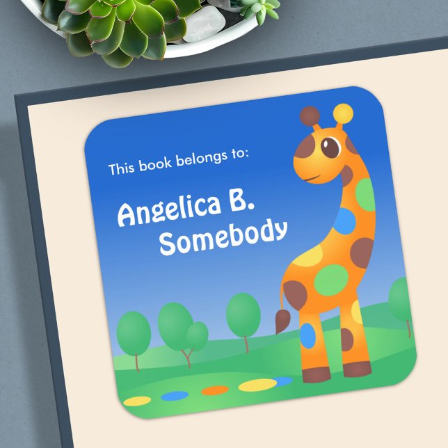 Colourful Cartoon Giraffe Bookplate Square Sticker (Creator Uploaded)