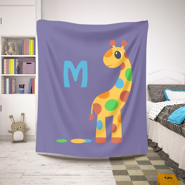 Colourful Cartoon Giraffe Monogram on Purple Sherpa Blanket (Creator Uploaded)