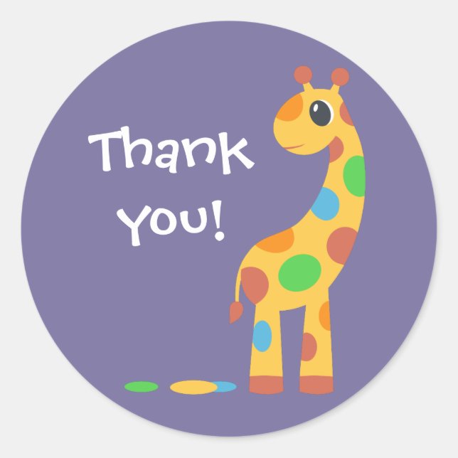 Colourful Cartoon Giraffe Thank You Classic Round Sticker (Front)