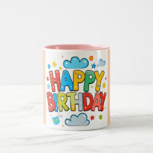 "Colourful Cartoon Happy Birthday with Clouds & St Two-Tone Coffee Mug