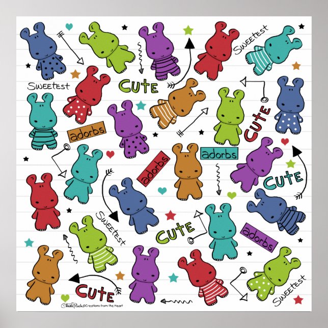 Colourful Cartoon Hippo Pattern Poster (Front)
