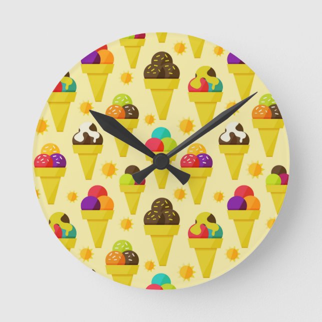 Colourful Cartoon Ice Cream Cones Round Clock (Front)