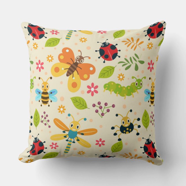 Colourful Cartoon Insects With Flowers and Leaves Cushion (Front)