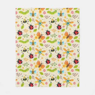 Colourful Cartoon Insects With Flowers and Leaves Fleece Blanket