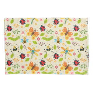 Colourful Cartoon Insects With Flowers and Leaves Pillowcase