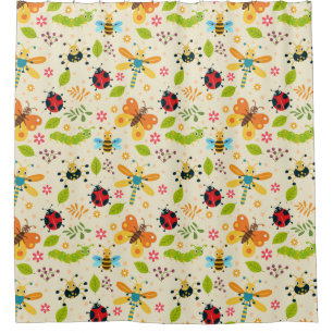 Colourful Cartoon Insects With Flowers and Leaves Shower Curtain