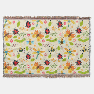Colourful Cartoon Insects With Flowers and Leaves Throw Blanket