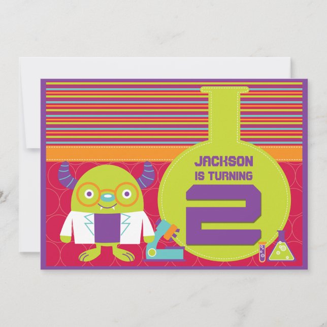 Colourful Cartoon Mad Scientist 2nd Birthday Party Invitation (Front)