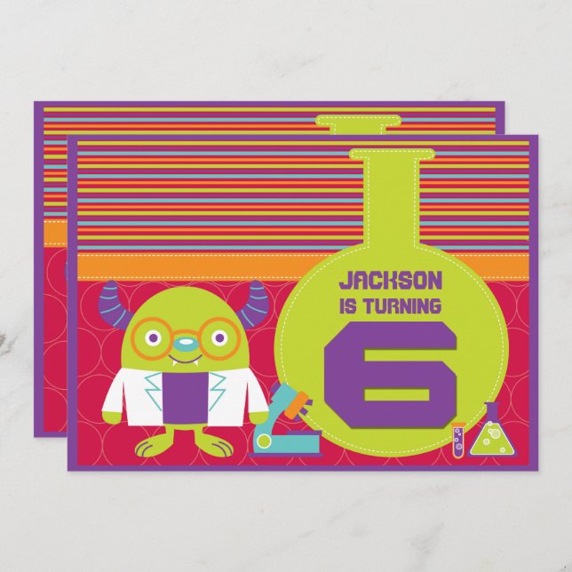 Colourful Cartoon Mad Scientist 6th Birthday Party Invitation (Front/Back)
