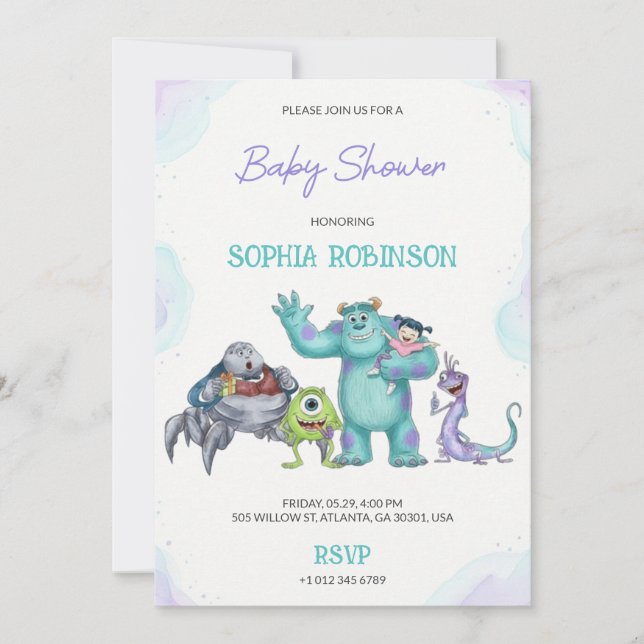 Colourful cartoon monster baby shower  invitation (Front)