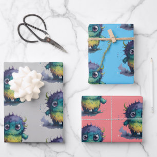 Colourful Cartoon Monster Design Wrapping Paper Sheet