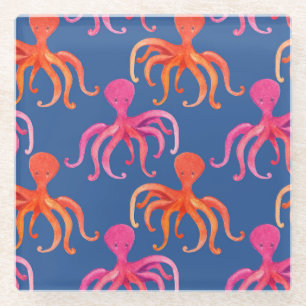 Colourful Cartoon Octopus Watercolor Pattern Glass Coaster