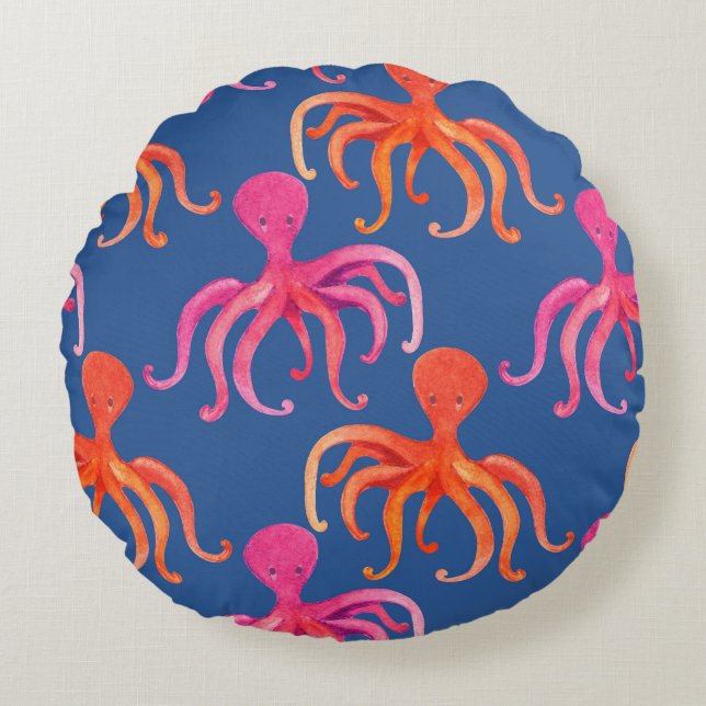 Colourful Cartoon Octopus Watercolor Pattern Round Cushion (Front)