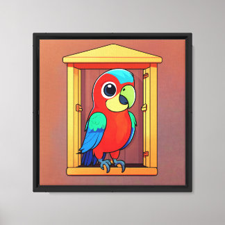 Colourful Cartoon Parrot in Birdhouse Canvas Print