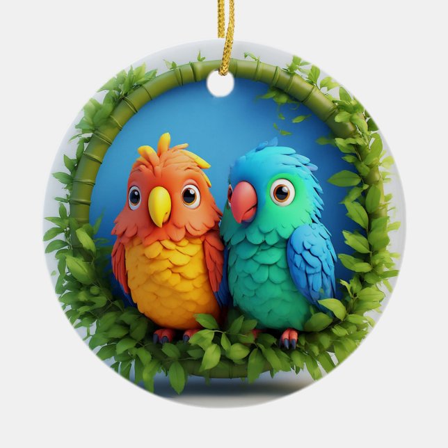 Colourful Cartoon Parrots Ceramic Ornament (Front)