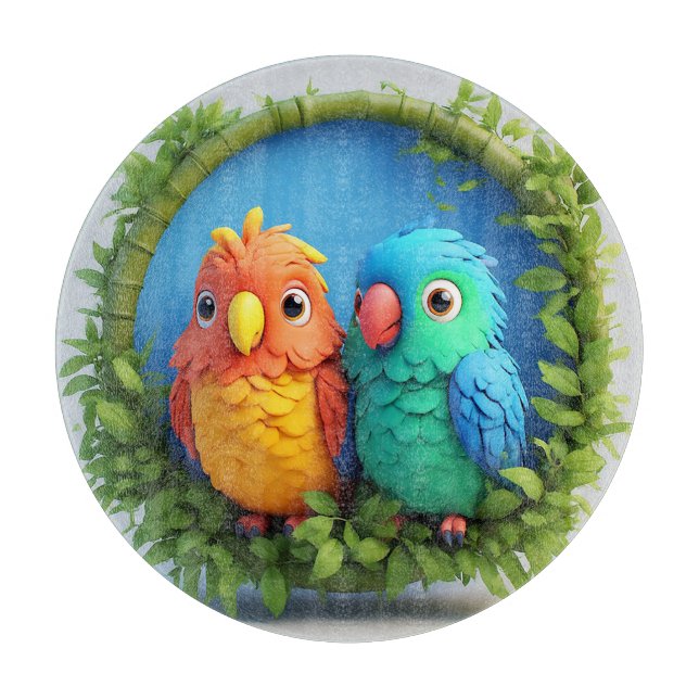 Colourful Cartoon Parrots Cutting Board (Front)
